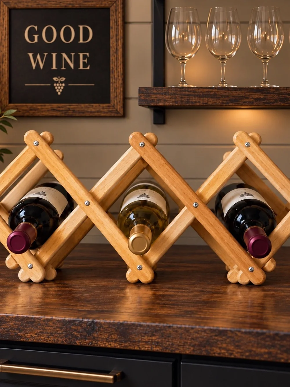 MCM Vintage Expandable Accordion Wine Rack - Natural Wood Wine Bottle Holder